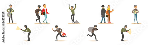 Man Thief or Robber Commits Crime and Robbery Vector Set