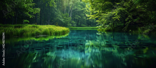 Bio background showcasing a tranquil lake surrounded by greenery. 32k  full ultra HD  high resolution.