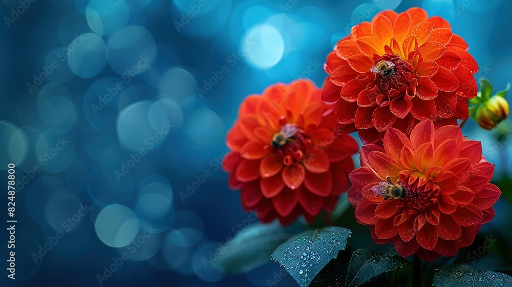 Three red flowers with green leaves in front of a blue sky with shining lights behind them Three red flowers with green leaves in front of a blue sky with shining lights behind them
