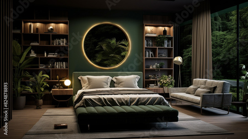 Illustration of the interior decoration of houses, a modern home in a minimalist style, a large bedroom with contemporary furniture, large windows, and many plants. Unusual interior