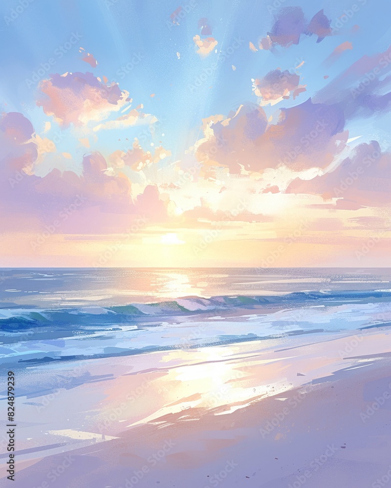 Early morning beach, realistic watercolor, pastel sky tones, gentle light, panoramic view , illustration style