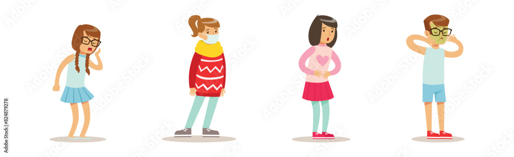 Sick and Unhealthy Boy and Girl Kid Character Feel Unwell Vector Set Sick and Unhealthy Boy and Girl Kid Character Feel Unwell Vector Set