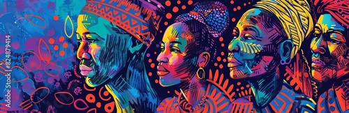 Four African-American women with vibrant headwraps and traditional African patterns painted on their faces. The background is a bright blue with colorful abstract shapes.