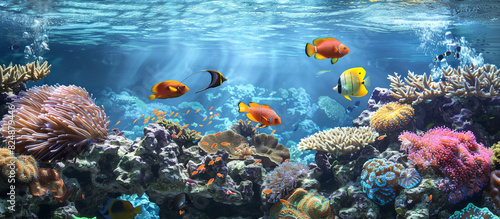 Bio background showcasing a vibrant coral reef with tropical fish. 32k  full ultra HD  high resolution.