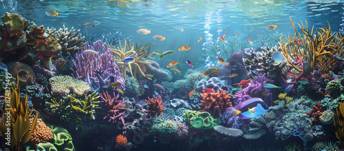 Bio background showcasing a vibrant coral reef with tropical fish. 32k  full ultra HD  high resolution.