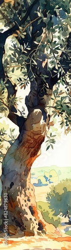 Olive tree, watercolor, silvergreen leaves, Mediterranean sun, afternoon, eye level , illustration style photo