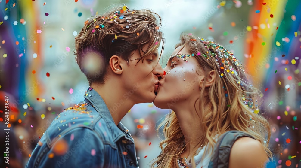 LGBTQ+ couple sharing a loving kiss at a pride parade, surrounded by a festive atmosphere and rainbow colors, urban background