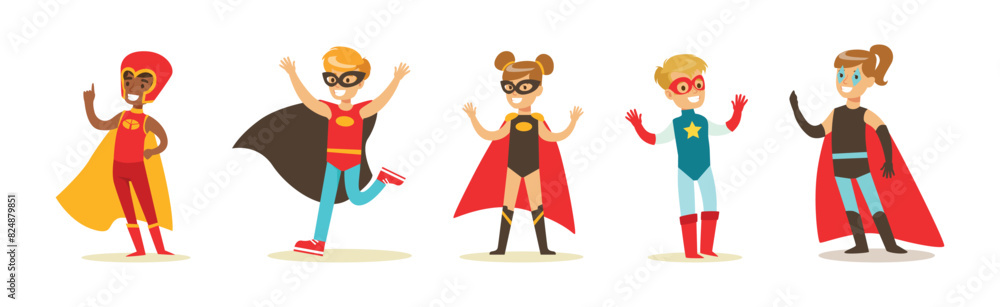 Boy and Girl Superhero Kid Character in Mask and Cloak Vector Set