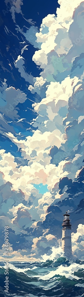 Fototapeta premium Storm approaching lighthouse, watercolor, darkening sky, choppy sea, dynamic atmosphere, high angle , cartoon style