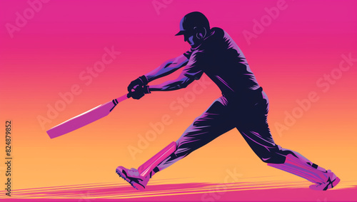 A dynamic silhouette of a cricket player in a mid-swing pose, about to hit. The player's silhouette detailed, Vibrant gradient background with a blend of magenta and pink hues. 
