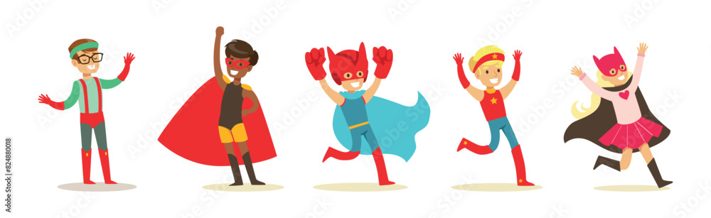 Boy and Girl Superhero Kid Character in Mask and Cloak Vector Set Boy and Girl Superhero Kid Character in Mask and Cloak Vector Set