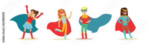 Boy and Girl Superhero Kid Character in Mask and Cloak Vector Set © topvectors