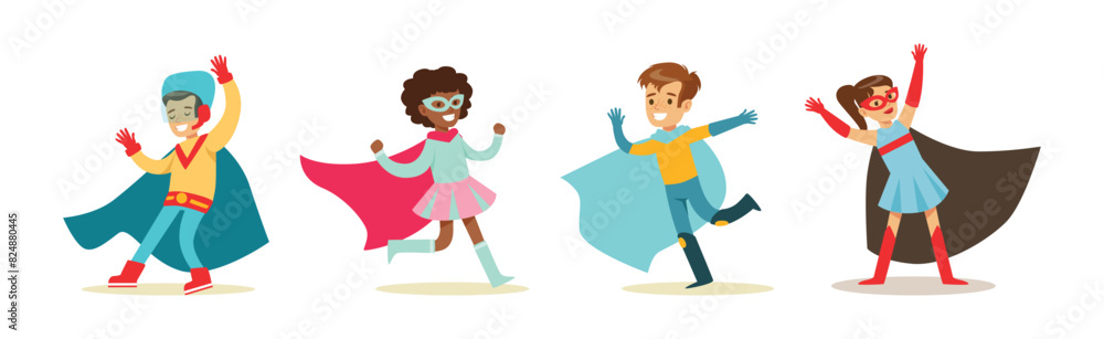 Boy and Girl Superhero Kid Character in Mask and Cloak Vector Set Boy and Girl Superhero Kid Character in Mask and Cloak Vector Set