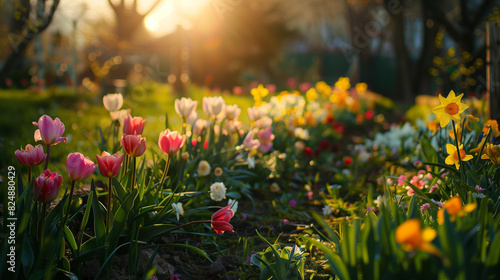 A path in the park among bright spring flowers. Tulips, daffodils and other primroses at sunset in the garden. The idea of natural gardening photo