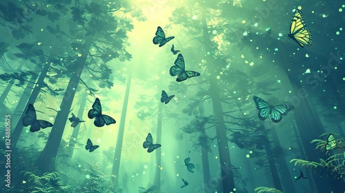  A lush forest buzzing with myriad butterflies gliding amidst towering emerald trees and abundant foliage