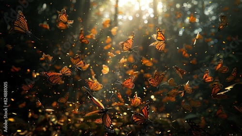   A group of orange butterflies flies in the sunlit sky over tree-lined backdrop photo