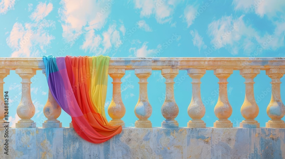 Pride flag draped over a balcony railing, showing support for the LGBTQ+ community, Pride flag draped over a balcony railing, showing support for the LGBTQ+ community,