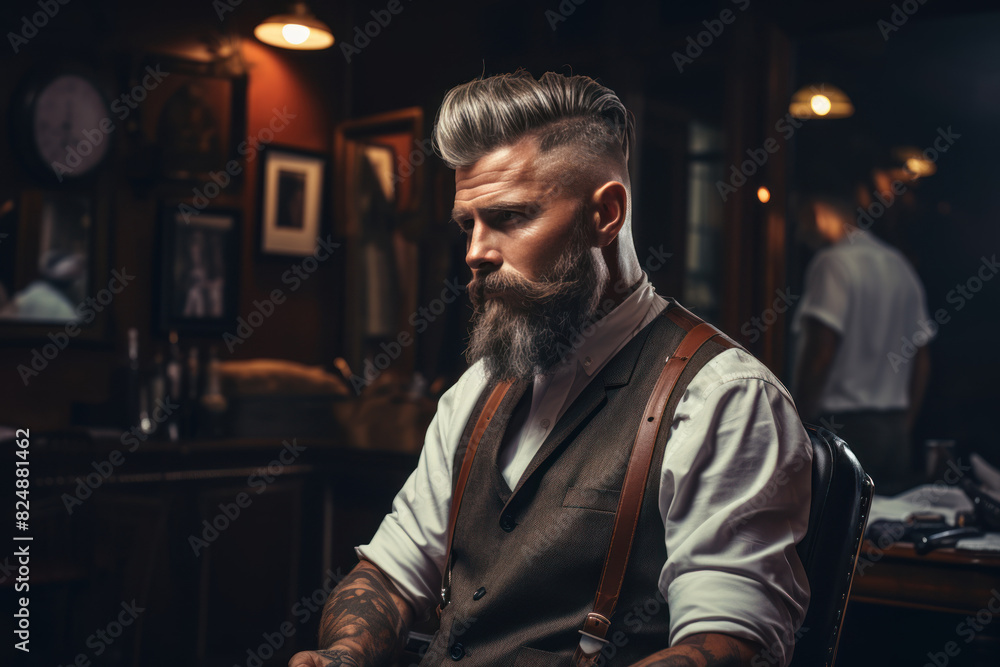 Obraz premium Stylish man with a fashionable haircut and styling in a barbershop. Advertising and marketing services for barbershops