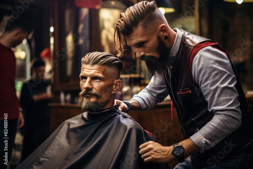 Master haircut: Barber at work. Advertising and marketing services for barbershops photo