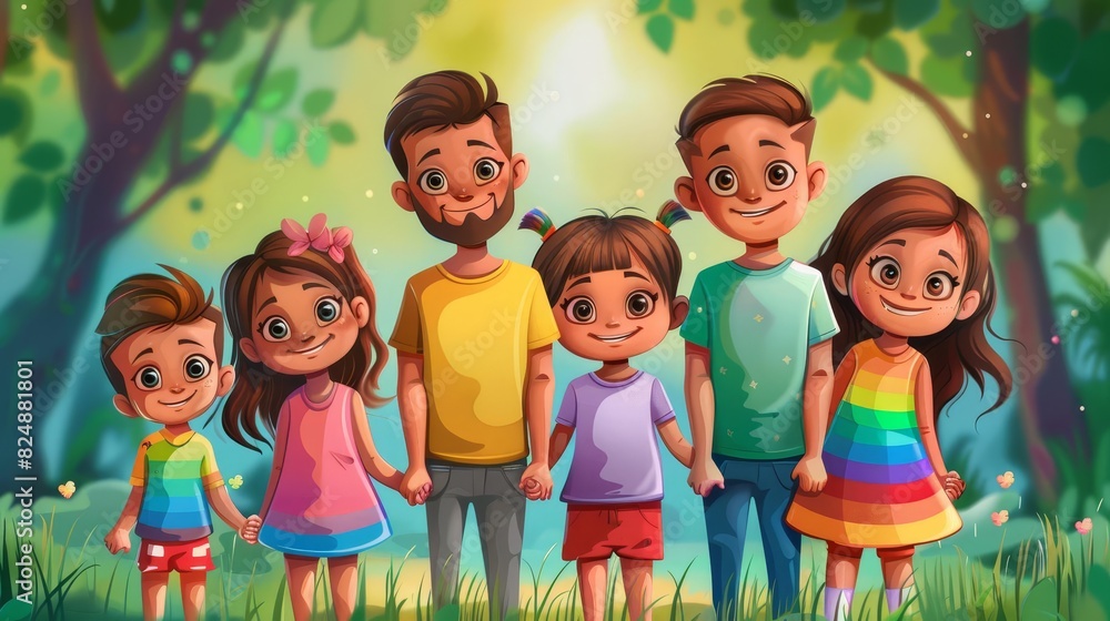 LGBTQ+ family, parents and children wearing rainbow outfits, standing together and smiling, LGBTQ+ family, parents and children wearing rainbow outfits, standing together and smiling,