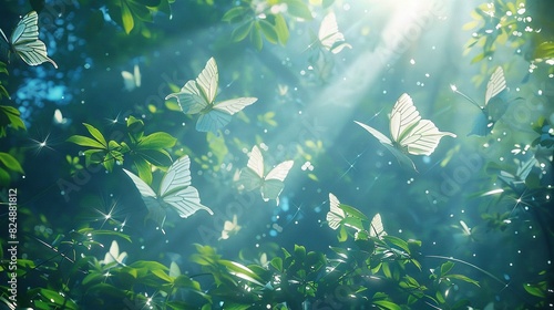   A flock of white butterflies flutters through the air above a lush forest canopy  with sunbeams filtering through the foliage