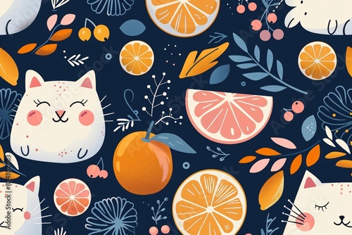 a pattern of oranges and fruit