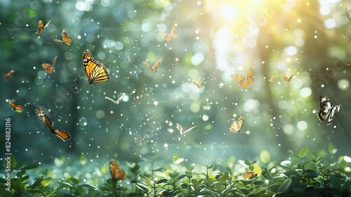   A lush green field dances with sunlight  while butterflies flutter gracefully above