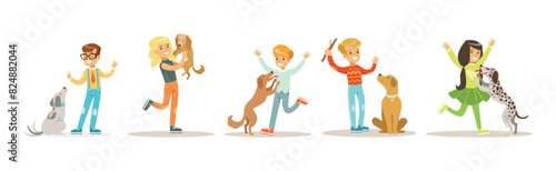 Happy Boy and Girl Play with Dog Pet Vector Set