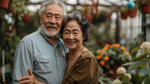 Senior couple embracing with pride in their garden, displaying their lifelong bond and happiness, natural light and vibrant greenery background