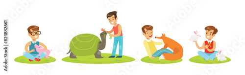 Happy Children and Cute Animals In Petting Zoo Vector Set
