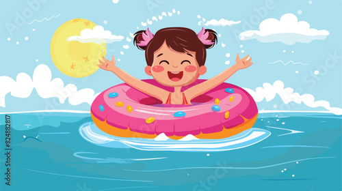 Joyful girl swimming on inflatable donut. Kid safety