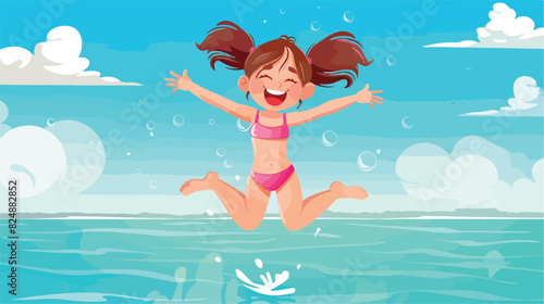 Jumping girl in swimsuit. Active kid. Happy summer Ca © Caso