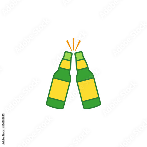 Two beer bottles icon. Clink, cheers and toasting. Color vector illustration white background.	