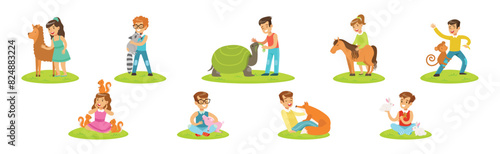 Happy Children and Cute Animals In Petting Zoo Vector Set