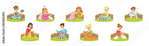 Happy Children and Cute Animals In Petting Zoo Vector Set