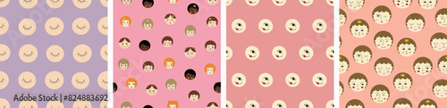 Bundle of four seamless patterns, pleasant girlish faces. For wrapping paper, textile, branding, woman portrait, bright repeatable background.
