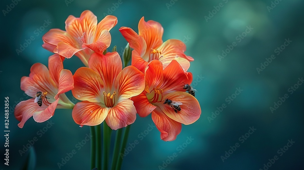 A vase holding orange flowers sits on a tabletop with a blurry background A vase holding orange flowers sits on a tabletop with a blurry background