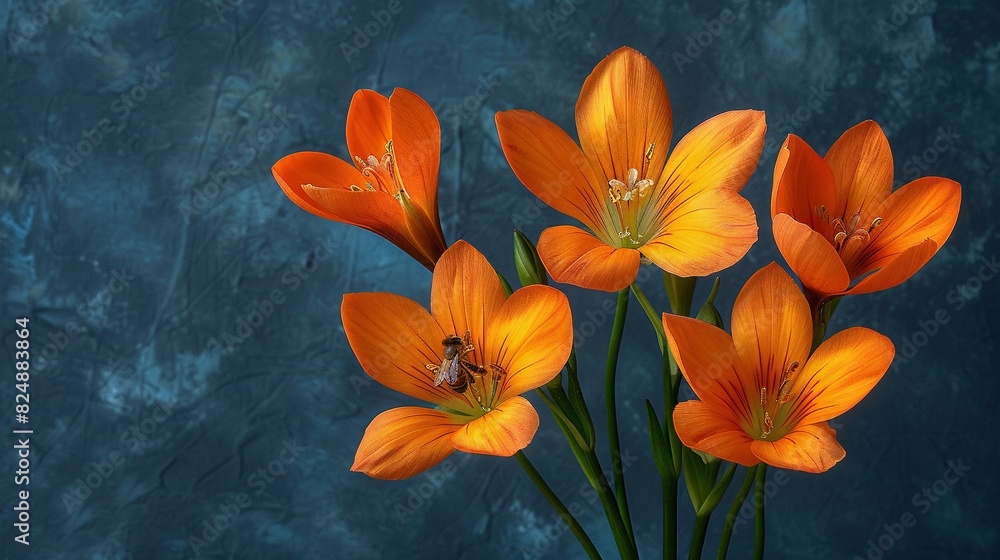   An image of a set of orange blossoms resting atop a blue surface, adjacent to a green vase containing a buzzing bee