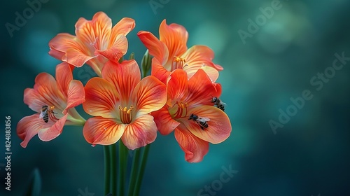   A vase holding orange flowers sits on a tabletop with a blurry background