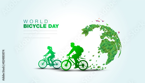 World Bicycle Day. Group of people using Bicycle for traveling and green world vector illustration. Promoting Health, Equity and Sustainability through Cycling.