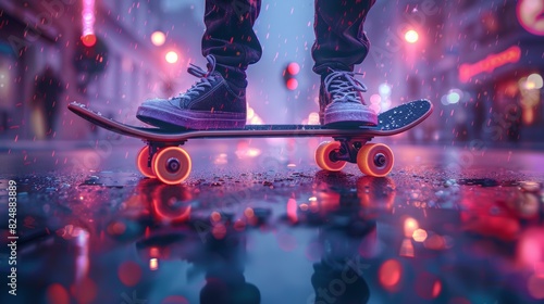 Close-up, ground-level shot of a skateboarder's feet on a skateboard in an urban nighttime setting.