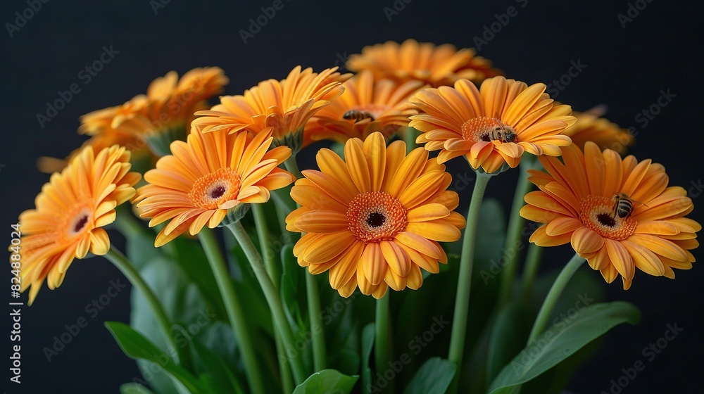 A zoomed-in photo of a bouquet of flowers arranged in a vase, featuring a bee perched atop the blossoms A zoomed-in photo of a bouquet of flowers arranged in a vase, featuring a bee perched atop the blossoms