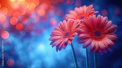  A pair of pink blossoms sit adjacent against a blue-red backdrop with fuzzy surrounding illumination