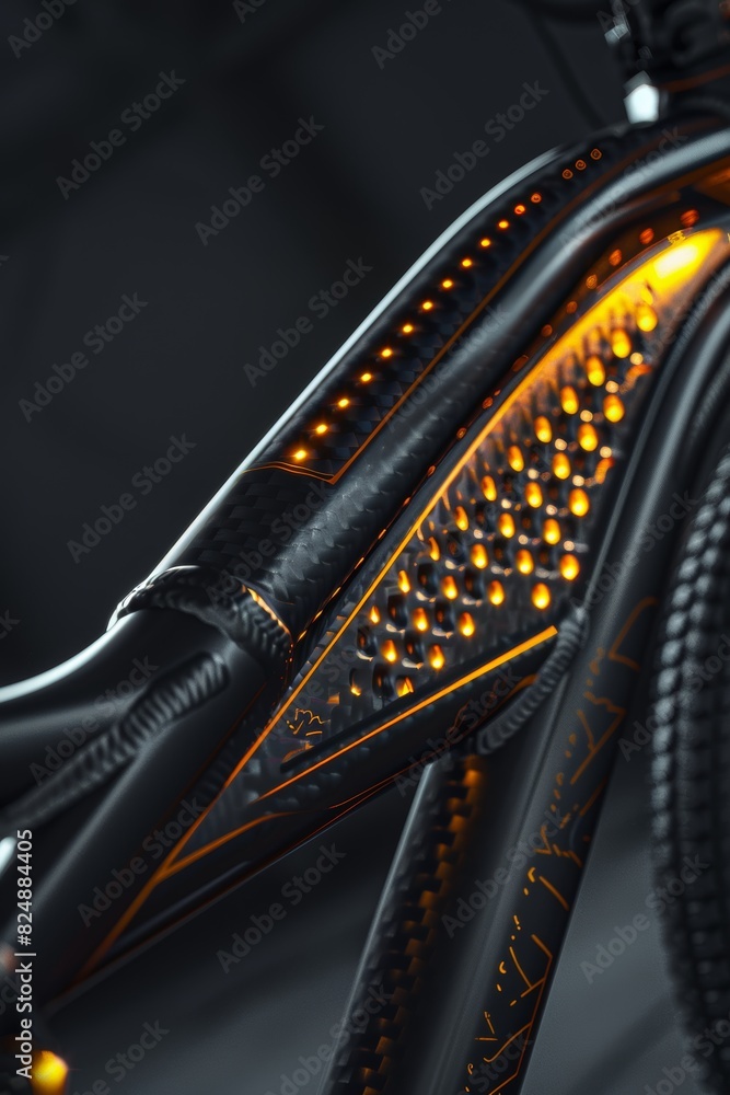 Naklejka premium Close-up of high-tech bicycle frame, showcasing its intricate design and advanced materials against dark background