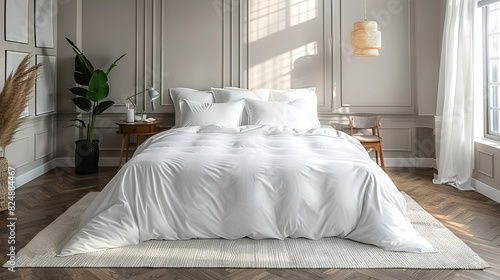  A white comforter and pillows on a wooden floor with a potted plant in a room