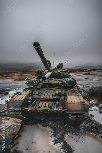 Camouflaged Military Tank in a Rocky Landscape with Overcast Skies Ready for Engagement