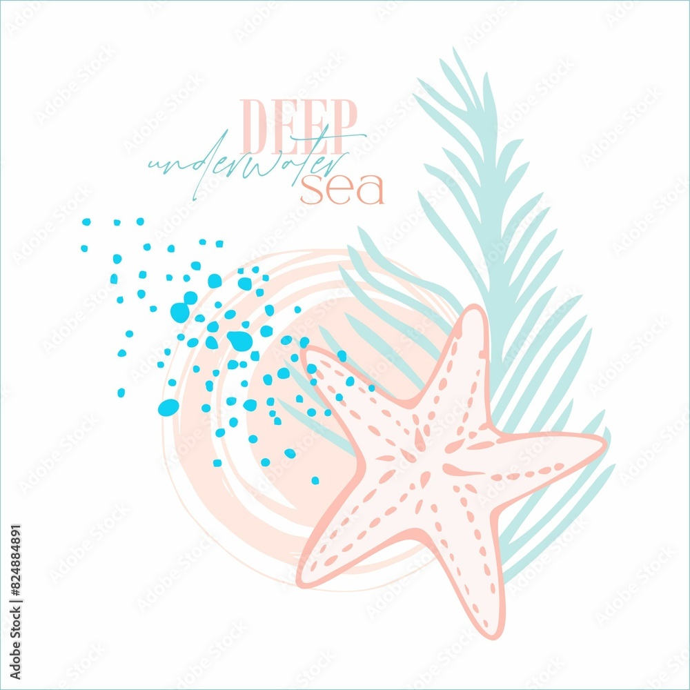 Pre-made card from abstract, flat bionic elements on a marine theme in orange and blue colors. Digital illustration for branding, scrapbooking, fabrics