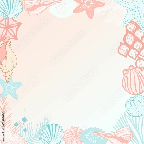 Pre-made card from abstract, flat bionic elements on a marine theme in orange and blue colors. Digital illustration for branding, scrapbooking, fabrics