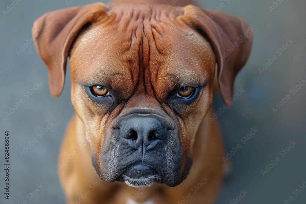 Close-up of a boxer dog with a focused and deep stare
