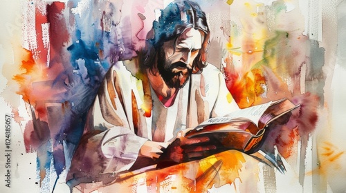 Watercolor illustration of Jesus Christ with a book in his hands photo